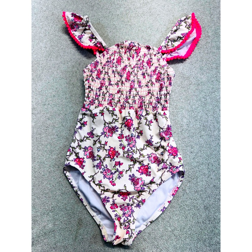 Paisley Lane Girls Size 6 One Piece Swimsuit Floral Smocked Ruffle Shoulder Pink
